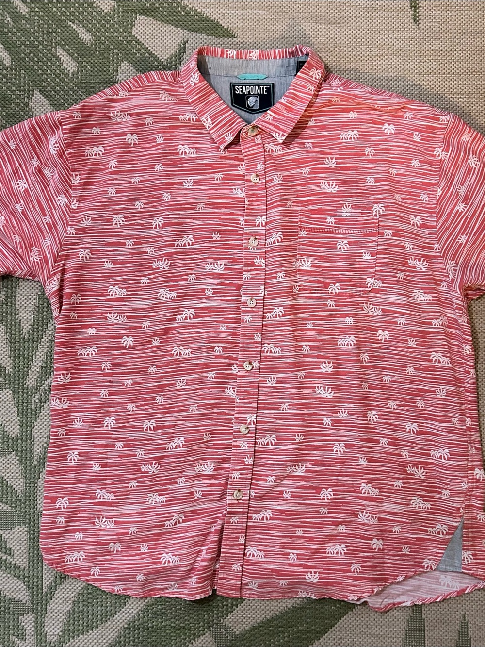 Seapointe Coral Colored Palm-Print Short-Sleeve Men’s Button-Down Aloha Shirt
